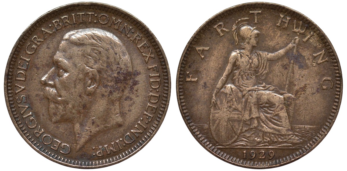 Великобритания 1 фартинг 1929 Георг V (1910-1936) KM 825, Spink 4061 бронза 4122-547