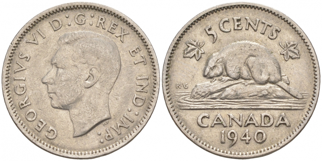 Канада 5 центов 1940 бобр, Георг VI (1937-1952) KM 33 никель 73-1154