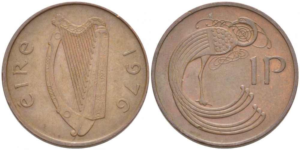 ИРЛАНДИЯ 1 ПЕННИ 1976 ПТИЧКА KM 20 бронза 112-1045