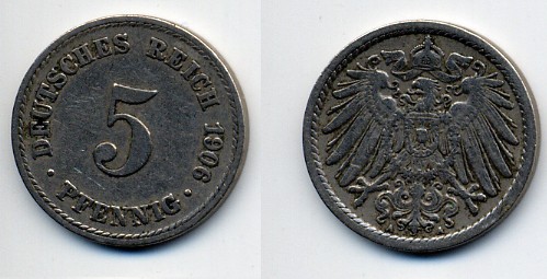 ГЕРМАНИЯ 5 ПФЕННИГОВ 1906 A, KM 11, J. 12 медно-никель 76-227