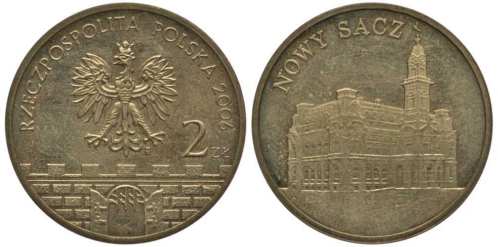 Польша 2 злотых 2006 MW, серия польские города, Новы-Сонч (NOWY SAGZ) KM 573 латунь 114-312