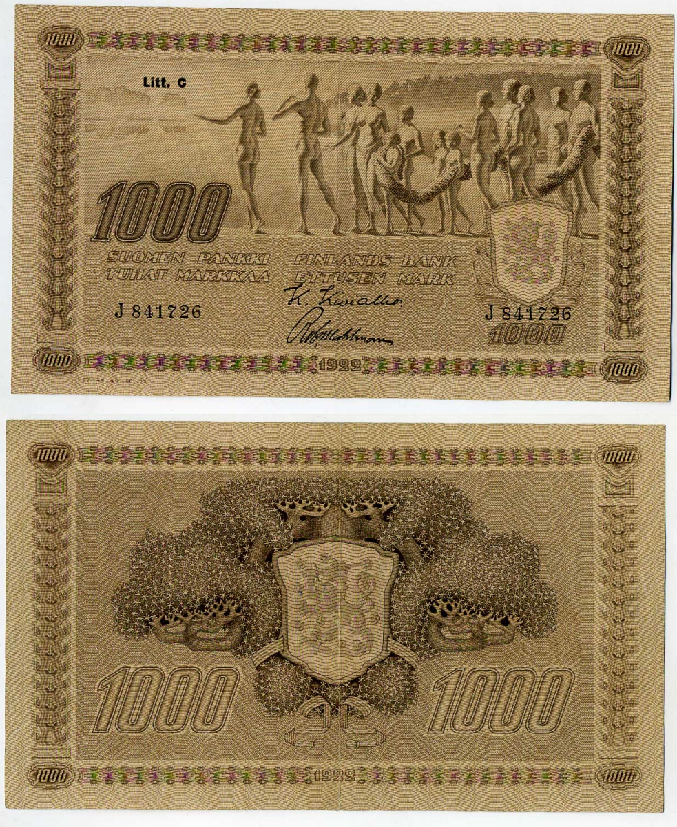 Финляндия 1000 марок 1922 (1931-1945) литера С, серия J Pick 67 бумага 451-194-1