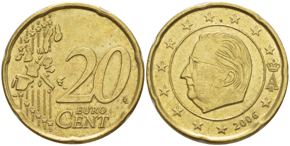 БЕЛЬГИЯ 20 ЕВРОЦЕНТОВ 2006 АЛЬБЕРТ II KM 228 латунь 4543-427