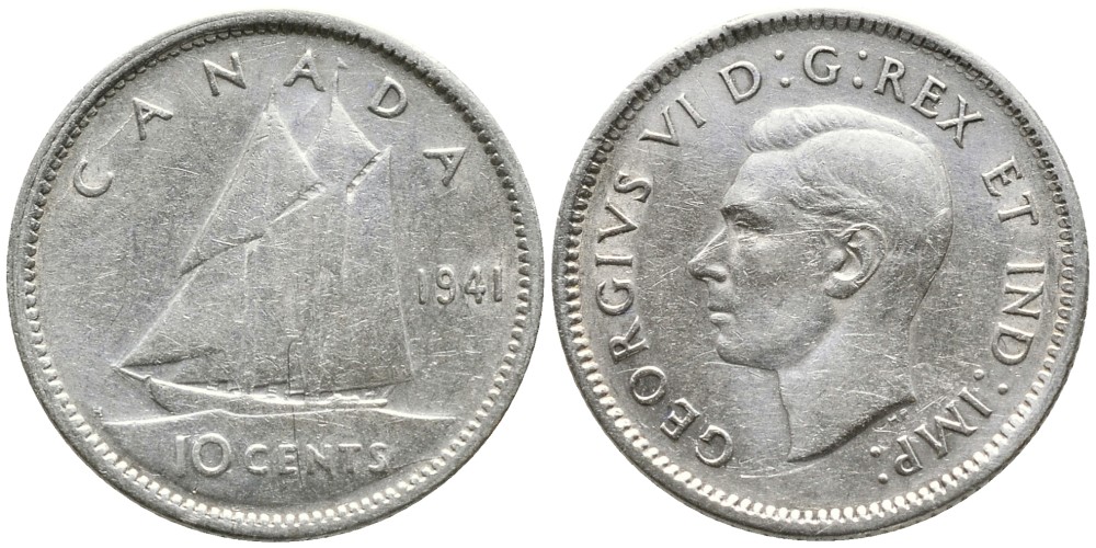 Канада 10 центов 1941 Георг VI (1936-1952), парусник KM 34 серебро     4532-739