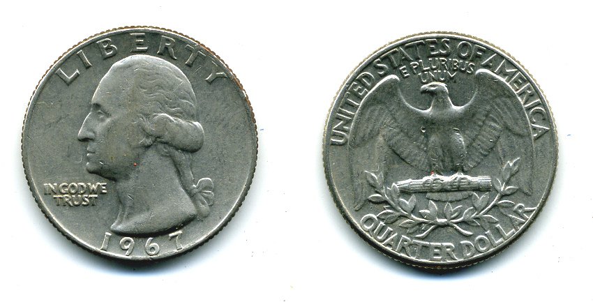 США 25 центов (квотер) 1967 Вашингтон KM 164a медь плакированная медно-никелем 46-1854