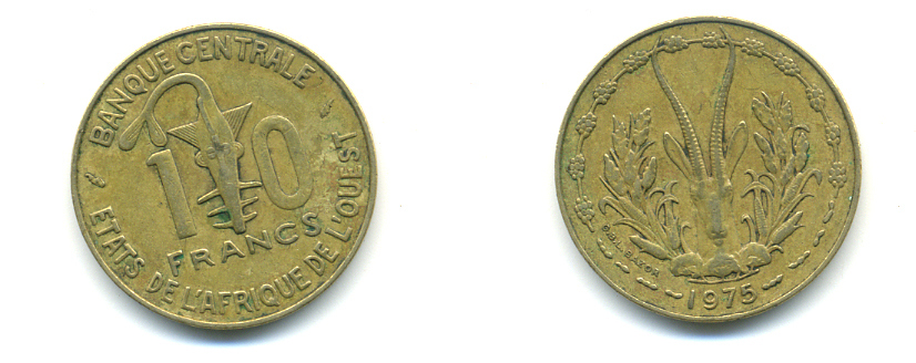 ЗАПАДНАЯ АФРИКА 10 ФРАНКОВ 1975 KM 1а алюминий никель бронза 86-1644