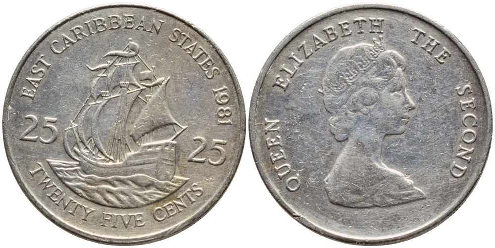 Восточно-Карибские штаты 25 центов 1981 Елизавета II (1952-2022), парусник KM 14 медно-никель 87-447