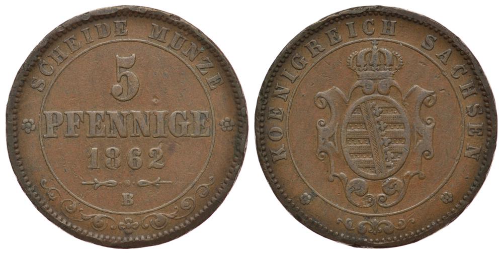 Саксония 5 пфеннигов 1862 B, Йоханн (1854-1873) KM 1218 медь 413-6144