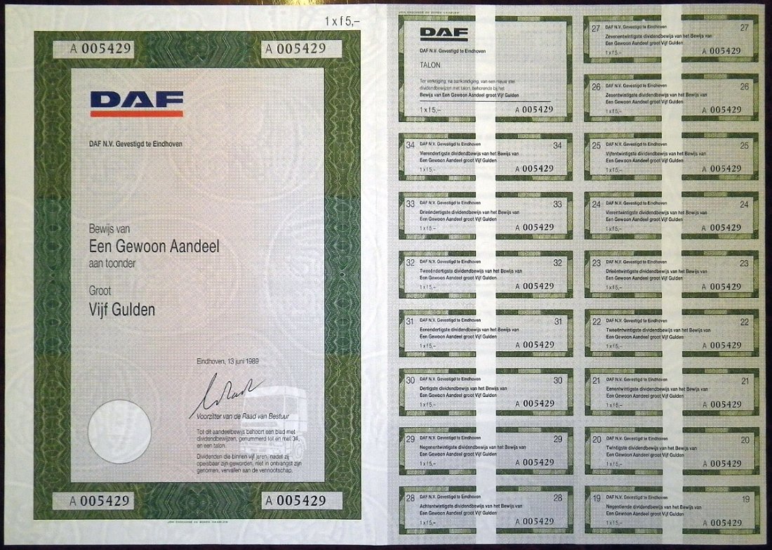 Нидерланды, DAF облигация в 5 гульденов 1989 бумага 5553-28