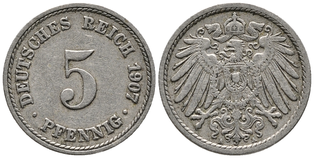 ГЕРМАНИЯ 5 ПФЕННИГОВ 1907 А KM 11, J. 12 медно-никель 39-936