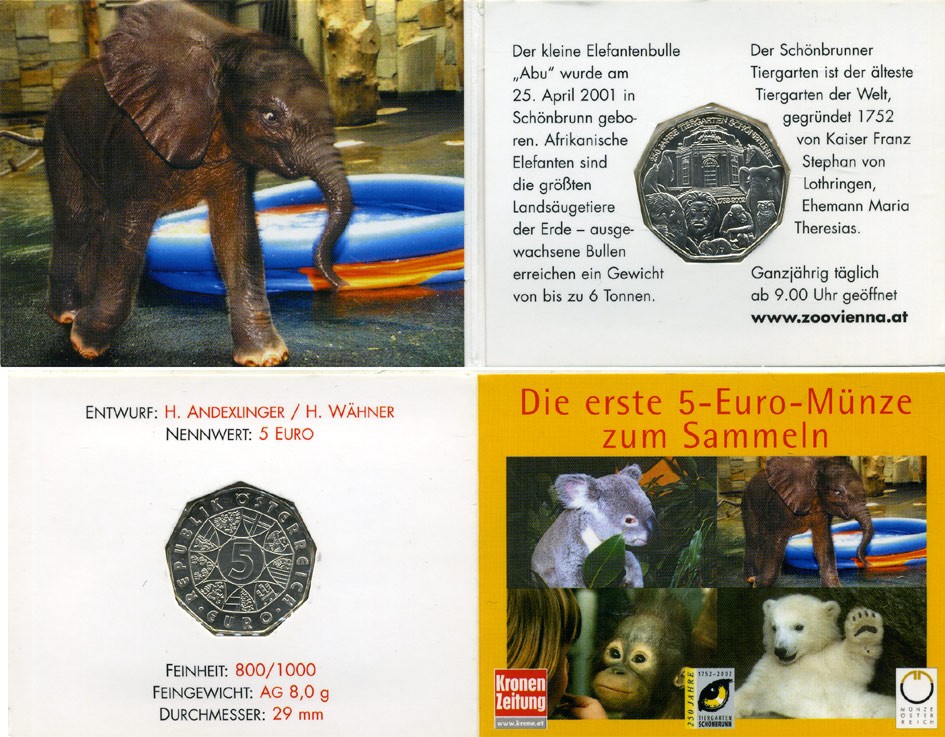 Австрия 5 евро 2002 250 лет Шенбруннскому зоопарку, в оригинальном буклете, слон KM 3091 серебро  UNC  7-5-6-40