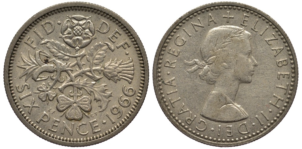 Великобритания 6 пенсов 1966 Елизавета II (1952-2022) KM 903, Spink 4149 медно-никель 4538-651