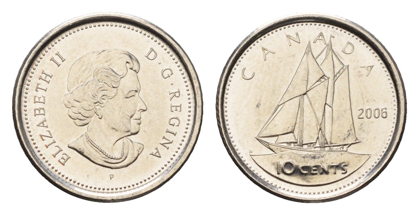 Канада 10 центов 2006 P, Елизавета II (1952-2022), парусник KM 492 сталь плакированная никелем UNC 4696-1046