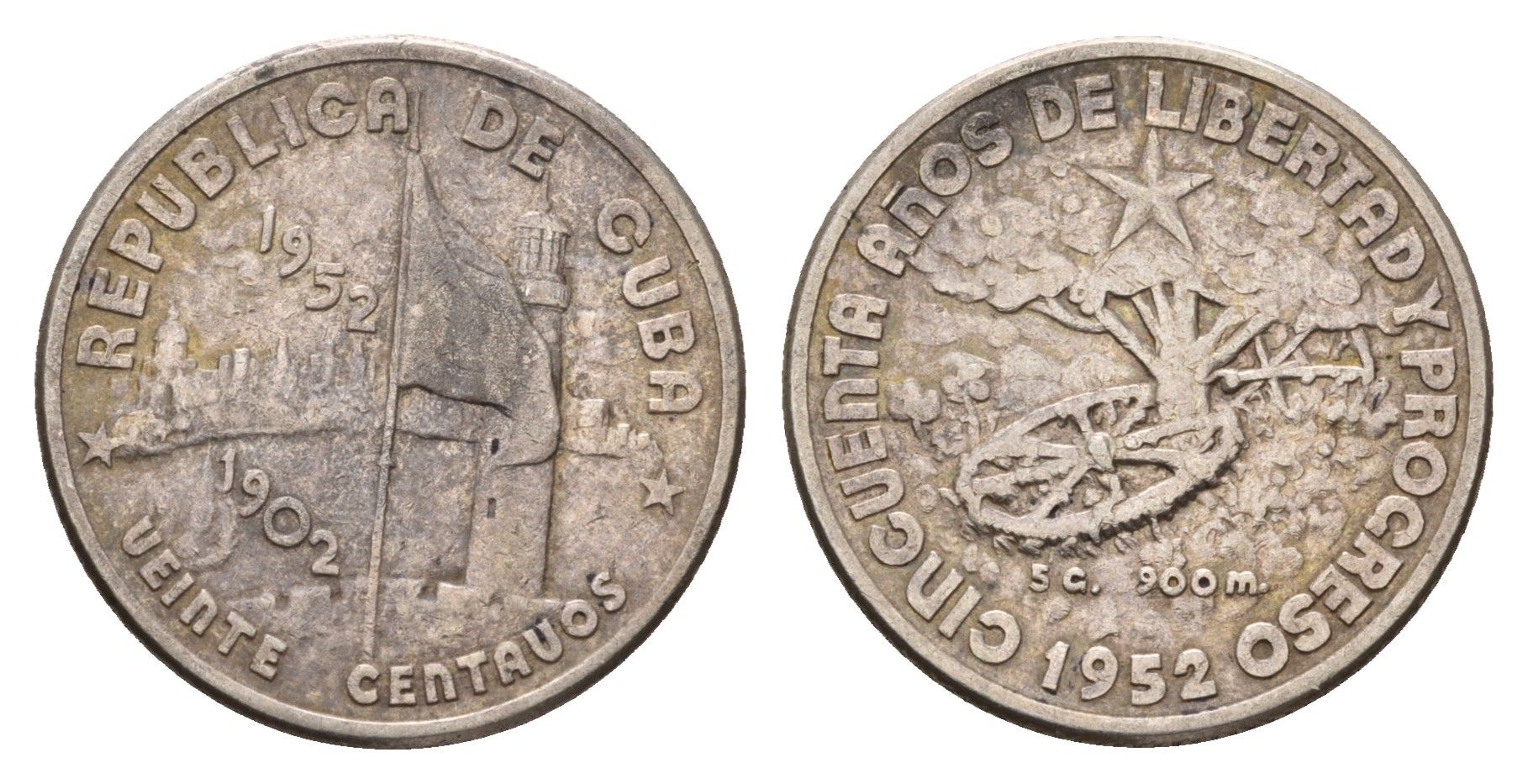 Куба 20 сентаво 1952 50 лет Республике Куба KM 24 серебро 75-1915