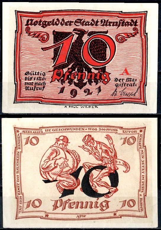Арнштадт (Тюрингия) 10 пфеннигов 1921 Mehl Grabowski 43.1-1/6 бумага UNC (пресс) 7556-43-1-1