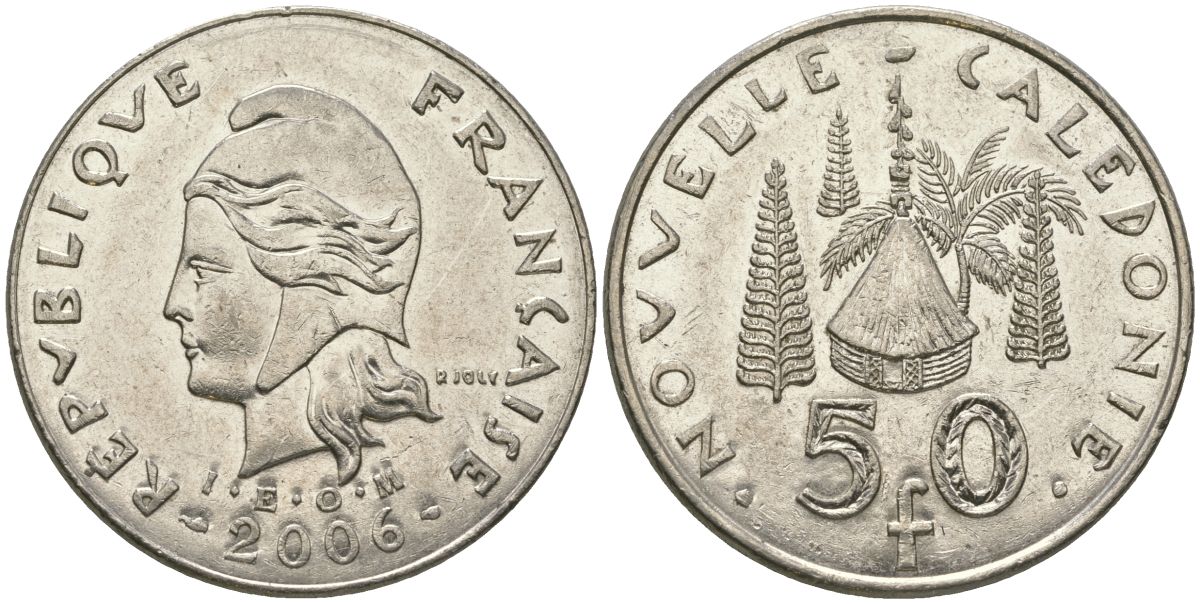 Французская Новая Каледония 50 франков 2006 хижина среди сосен и пальм, (IEOM) KM 13a, Schoen 15a, Lec 128i медно-никель 111-1225