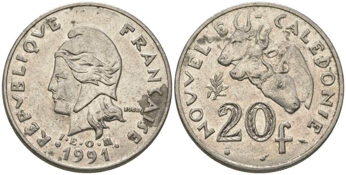 Французская Новая Каледония 20 франков 1991 три быка, (IEOM) KM 12, Schoen 14, Lec 114 никель 81-226