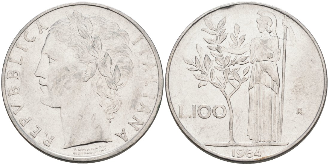 Италия 100 лир 1964 R, АФИНА В ДОСПЕХАХ KM 96.1 нержавеющая сталь 4572-331