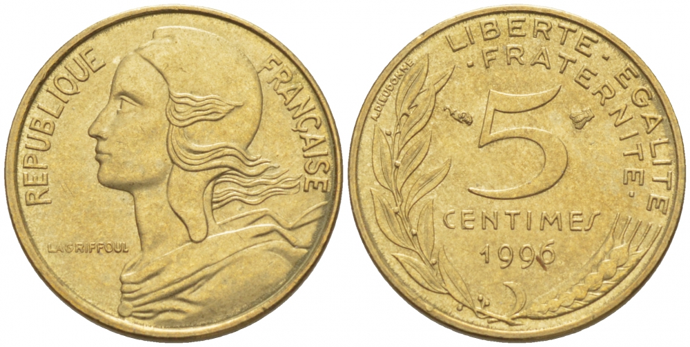 ФРАНЦИЯ 5 САНТИМОВ 1996 ТИП MARIANNE KM 933 медь алюминий никель 3309-1048