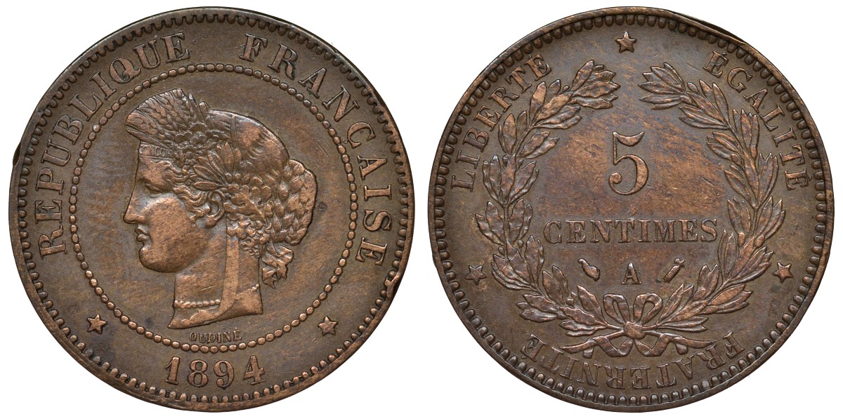 Франция 5 сантимов 1894 А, третья республика (1870-1941) KM 821.1, Le Franc 118.37 бронза 4128-114