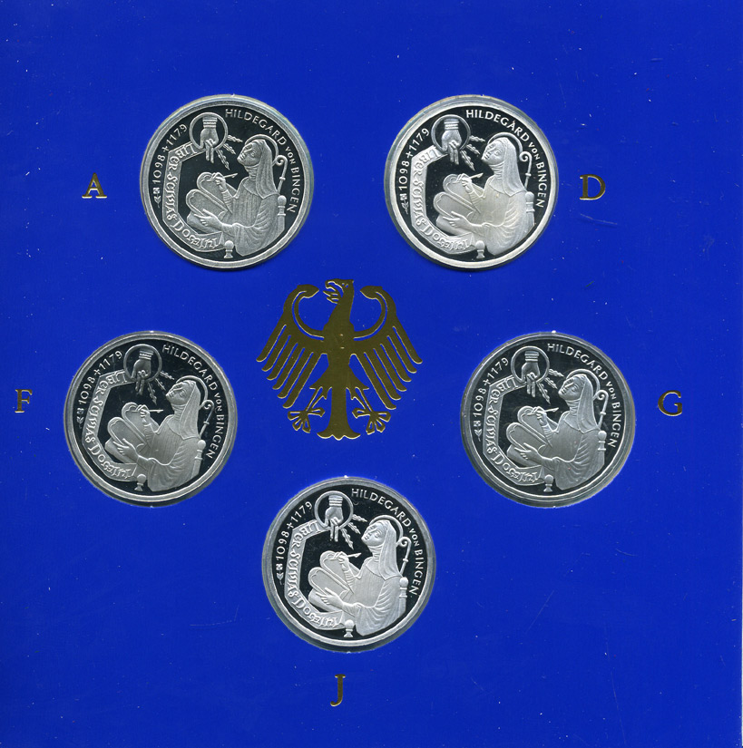 ФРГ набор из 5 штук по 10 марок 1998 A, D, F, G, J, 900 лет со дня рождения Хильдегарда Бингенская KM 193 серебро PROOF 6-5-2-2