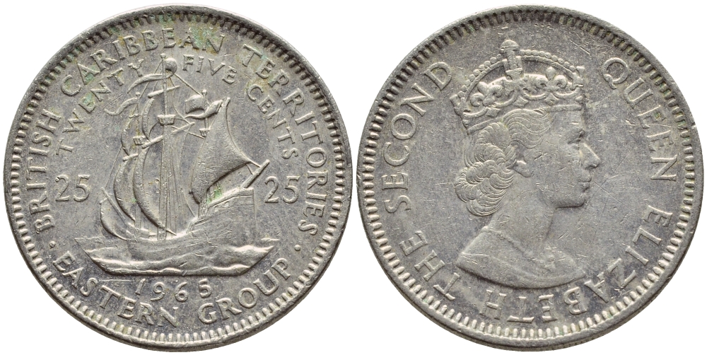 Британские Восточно-Карибские территории 25 центов 1965 Елизавета II (1952-2022), парусник KM 6 медно-никель 80-551