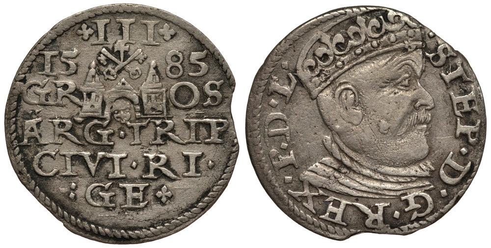 Латвия, Рига 3 гроша (трояк) 1585 Стефан Баторий (1576-1586), король Польский и великий князь Литовский, вес 2,16 гр. Kopicki 8095 R5! серебро 1516-1333