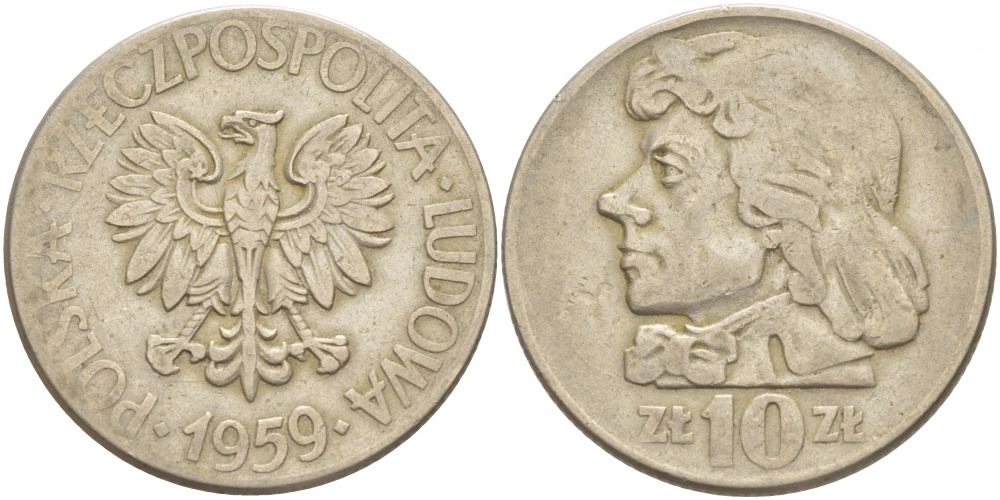Польша 10 злотых 1959 MW, Тадеуш Костюшко, первый год KM 50 медно-никель 4536-1223
