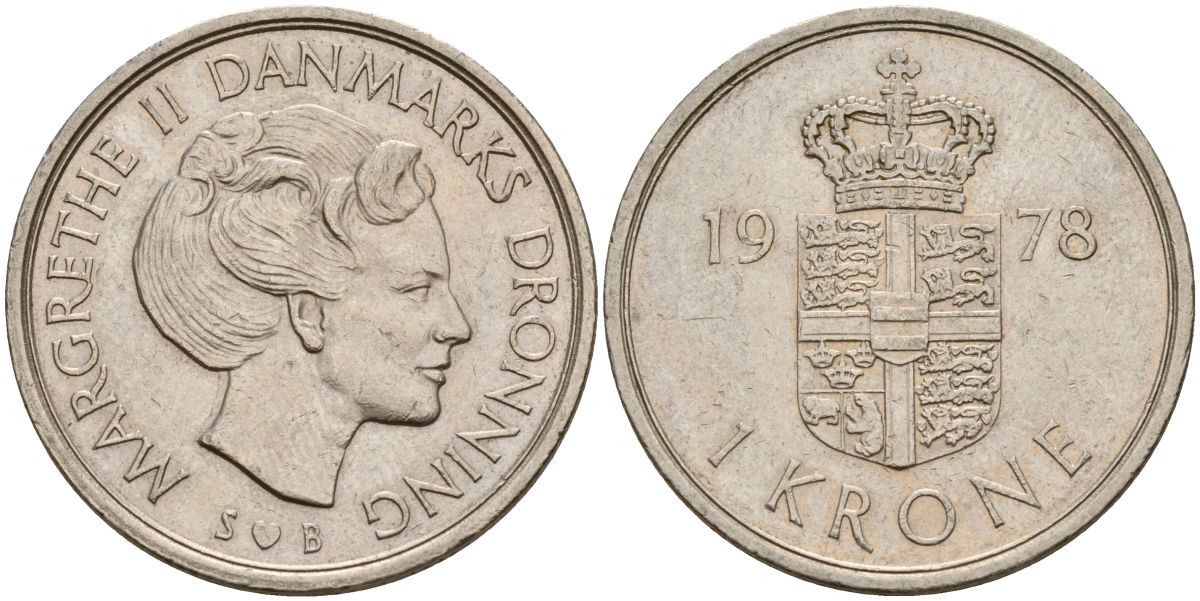Дания 1 крона 1978 S; B, Маргрете II (1972-) KM 862.1 медно-никель 4150-857