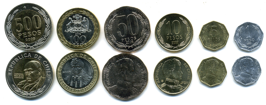 Чили лот из 6 монет 1999-2009 (1, 5, 10, 50, 100, 500 песо), 2 монеты биметалл UNC M77-09