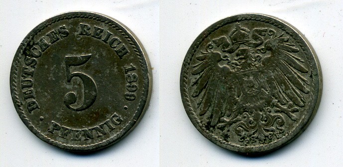 ГЕРМАНИЯ 5 ПФЕННИГОВ 1899 F, KM 11, J. 12 медно-никель 58-323