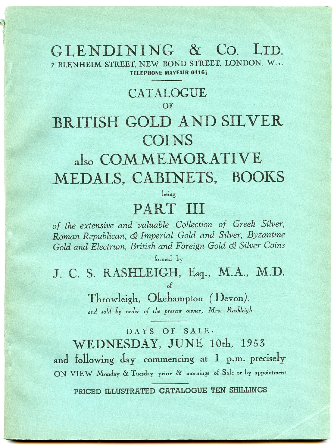 Англия аукционный каталог "Glendining & Co. British Gold and silver coins. Part III. London" 1953    бумага   00-01-19-12
