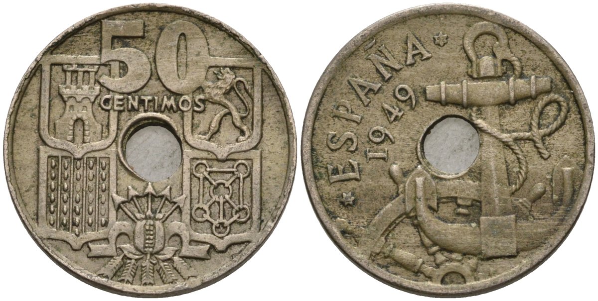 Испания 50 сентимо 1949 (52) Франсиско Франко (1939-1975) KM 777 медно-никель 4604-527