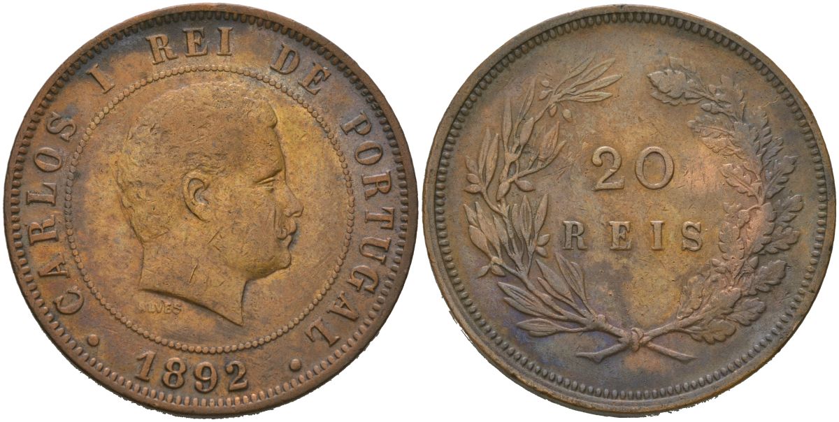 Португалия 20 реалов (рейсов) 1892 Карлуш I (1889-1908) KM 533 бронза 4587-824