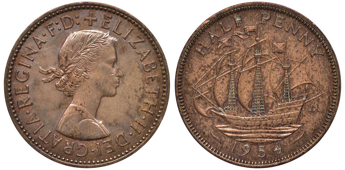Великобритания 1/2 пенни 1954 Елизавета II (1952-2022) KM 896, Spink 4158 бронза 4122-822
