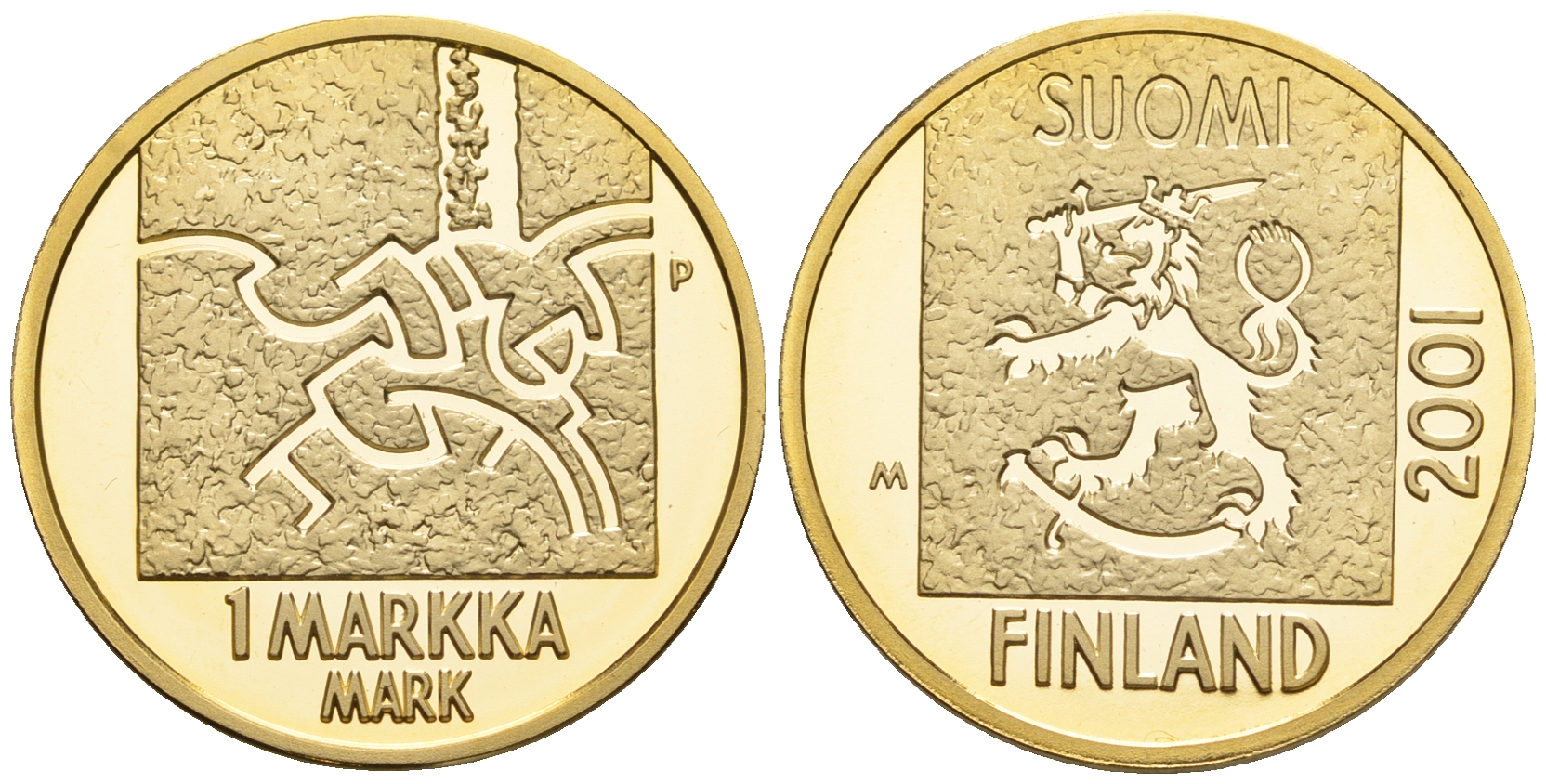 Финляндия 1 марка 2001 в память последней марки, в оригинальной коробке, с сертификатом KM 95 золото  PROOF  00-802-07