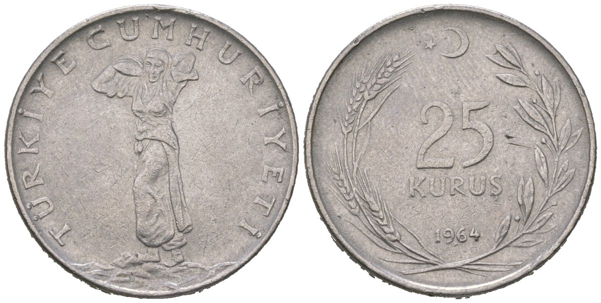 Турция 25 курушей 1964 KM 892.2 нержавеющая сталь 4620-454