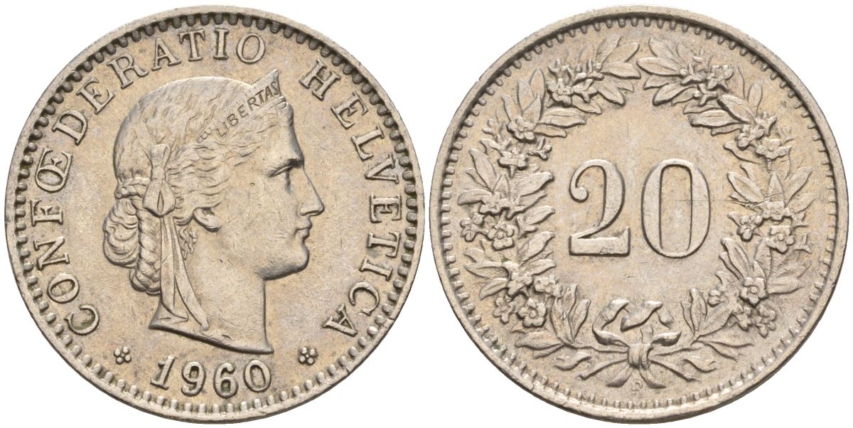 Швейцария 20 раппенов 1960 B KM 29a медно-никель 4606-753