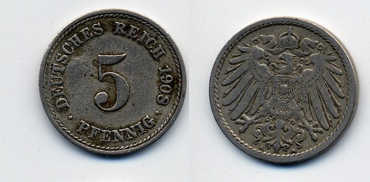 Германия 5 пфеннигов 1908 A KM 11, Jager 12, Weege 6 медно-никель 84-1663