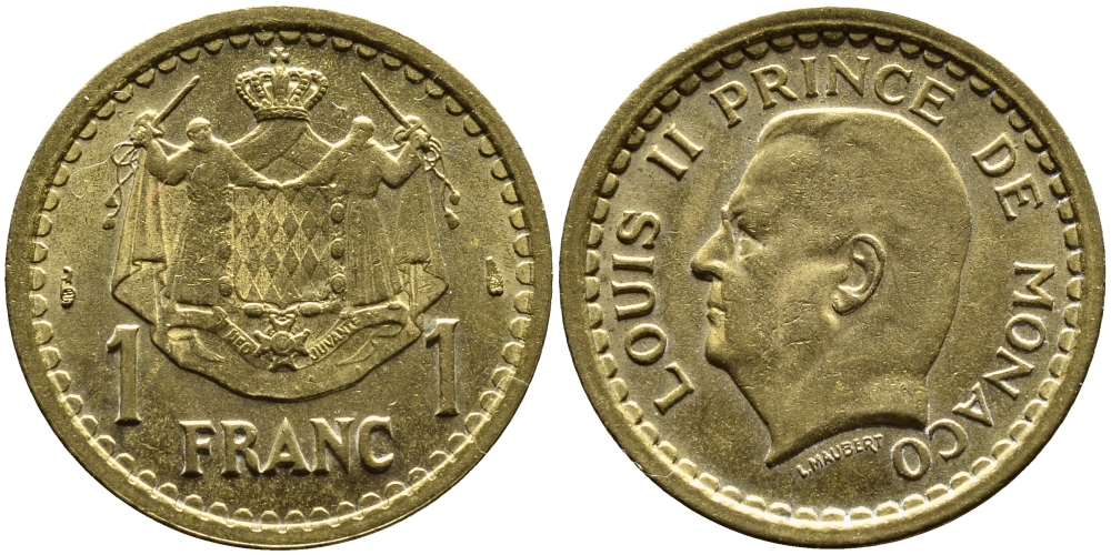 Монако 1 франк 1945 Луи II (1922-1949) KM 120 a алюминиевая бронза 4393-1255