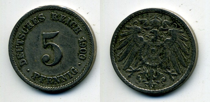 ГЕРМАНИЯ 5 ПФЕННИГОВ 1900 G, KM 11, J. 12 медно-никель 58-1132