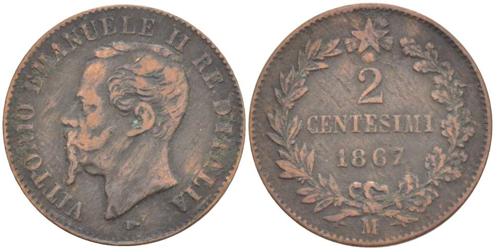 ИТАЛИЯ 2 ЧЕНТЕЗИМО 1867 М, МОНДВОР МИЛАН, ВИКТОР ЭММАНУИЛ II (1861-1878) KM 2.1 медь 4182-1223