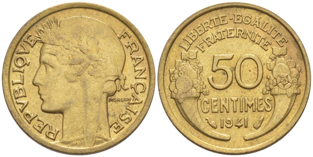 Франция 50 сантимов 1941 тип Морлон KM 894.1, Le Franc 192.18 алюминиевая бронза 44-415