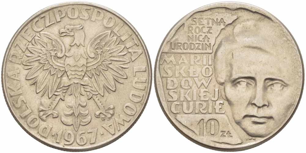 Польша 10 злотых 1967 MW, 100 лет со дня рождения Марии Склодовской-Кюри KM 59 медно-никель 109-613