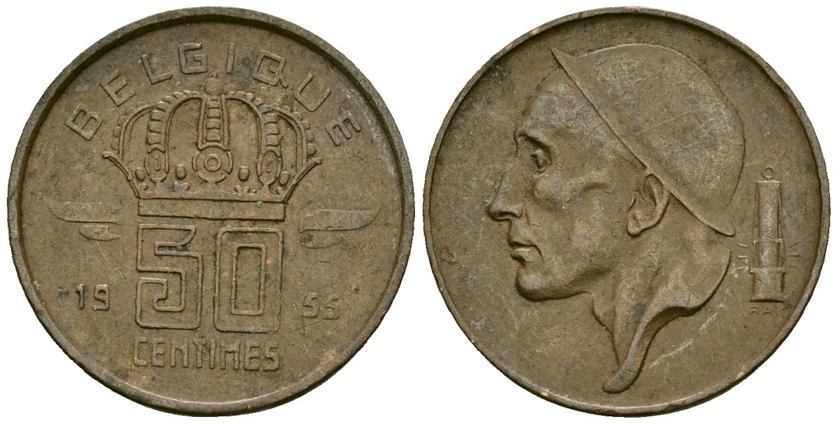 Бельгия 50 сантимов 1955 BELGIQUE KM 144 бронза 4164-1042