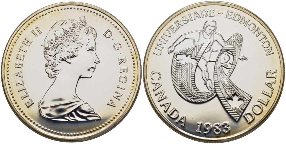 Канада 1 доллар 1983 XII летняя Универсиада в Эдмонтоне, в оригинальной коробке KM 138 серебро  UNC  2-5-2-22