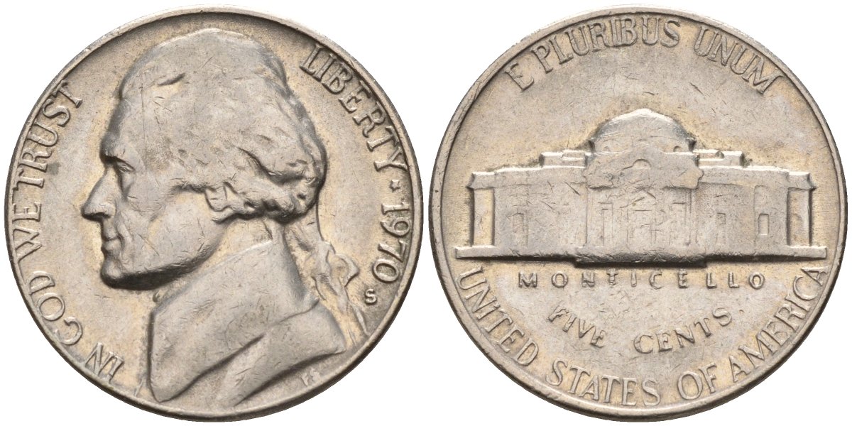 США 5 центов 1970 D, Джефферсон KM A192 медно-никель 4141-111