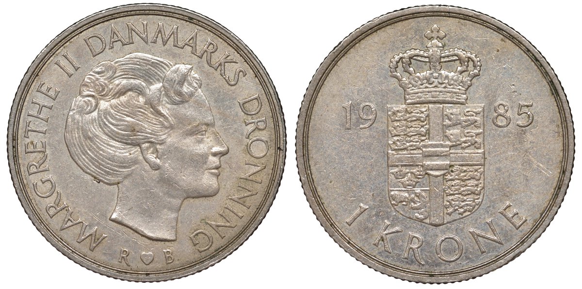 Дания 1 крона 1985 R;B, Маргрете II (1972-) KM 862.3 медно-никель 4165-724
