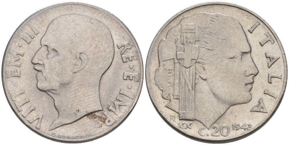 ИТАЛИЯ 20 ЧЕНТЕЗИМО 1942 R, ГОД XX, ВИКТОР ЭММАНУИЛ III (1900-1946), МАГНИТНАЯ, ГУРТ РИФЛЁНЫЙ KM 75b, VEM3. 1029 нержавеющая сталь 3853-427