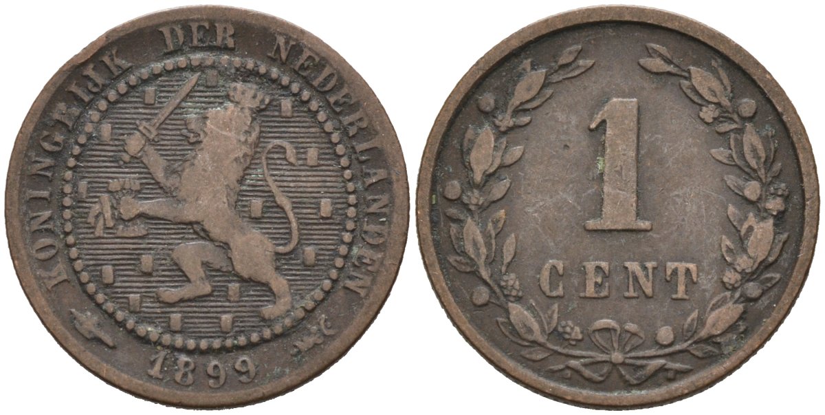 Нидерланды 1 цент 1899 Вильгельмина (1890-1948) KM 107 бронза 4576-633